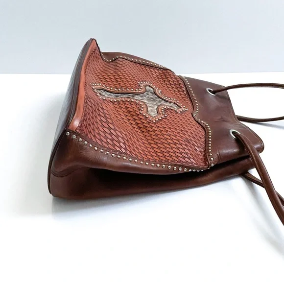 Vintage Western Brown Leather Hobo Bag with Calfskin Cross and Braided Details - Picture 4 of 7